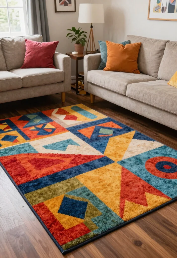30 College Living Room Decor Ideas for a Cute Budget Friendly Space - 9. Colorful Rugs 1