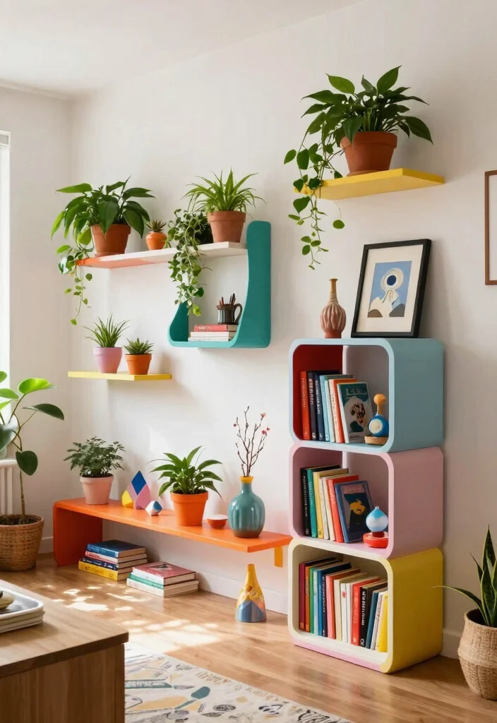 30 Colourful Living Room Decor Ideas for a Fun Modern Space - 12. Quirky Shelving Solutions 1