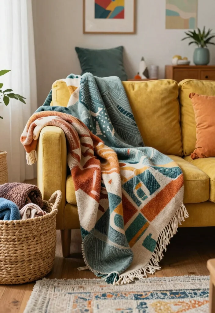 30 Colourful Living Room Decor Ideas for a Fun Modern Space - 13. Fun Throw Blankets 1