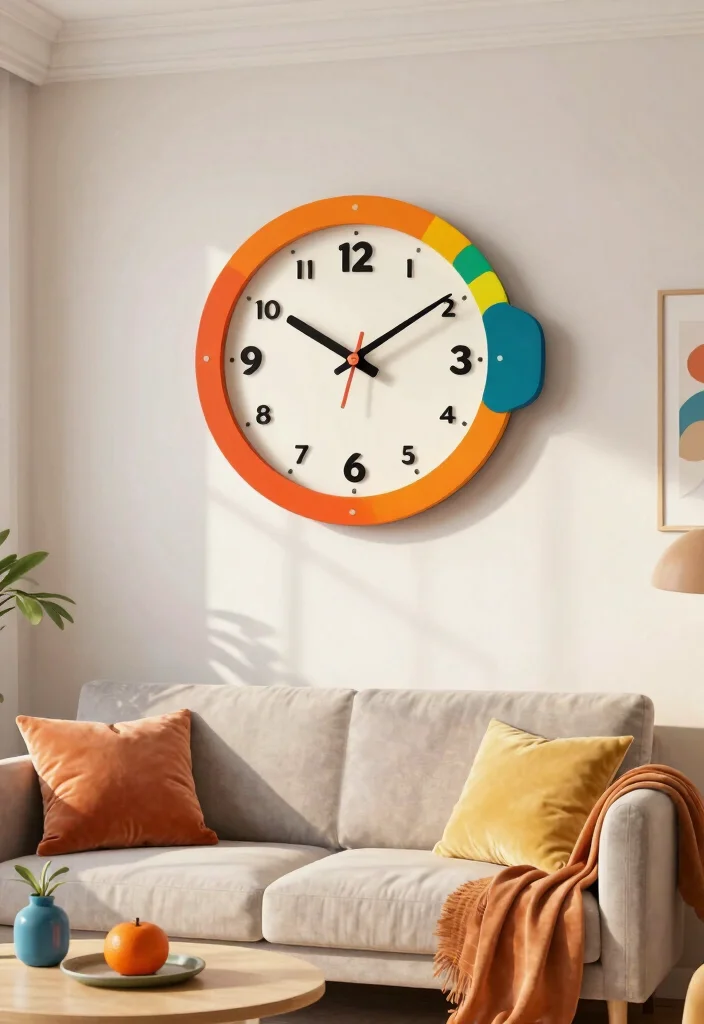 30 Colourful Living Room Decor Ideas for a Fun Modern Space - 18. Funky Wall Clock 1