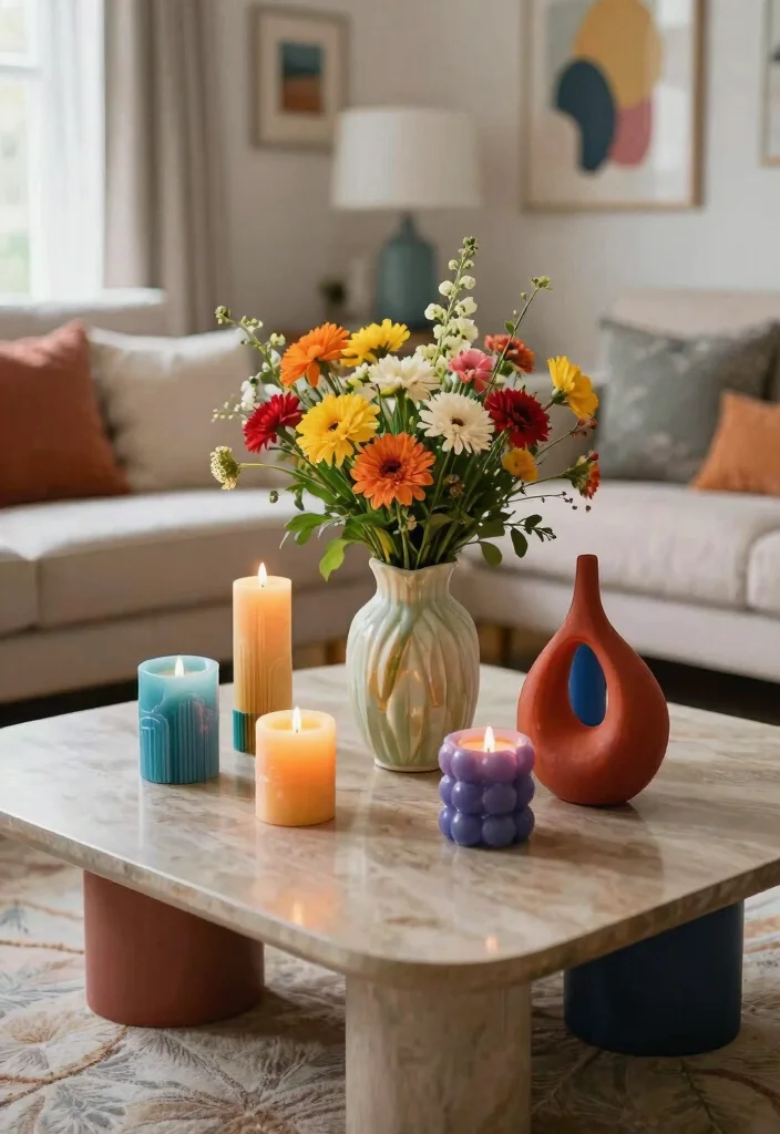30 Colourful Living Room Decor Ideas for a Fun Modern Space - 19. Creative Table Centerpieces 1