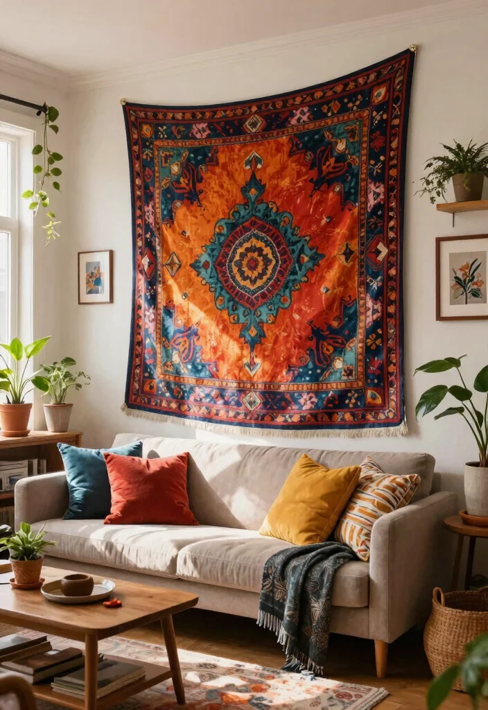 30 Colourful Living Room Decor Ideas for a Fun Modern Space - 21. Textured Wall Tapestry 1