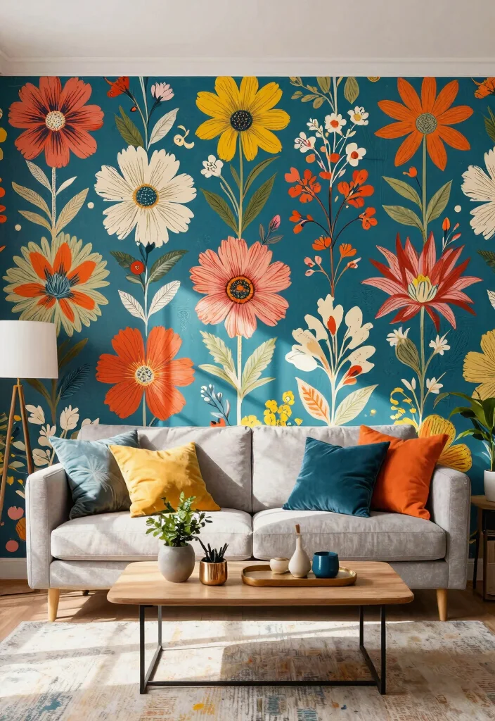 30 Colourful Living Room Decor Ideas for a Fun Modern Space - 26. Funky Wallpaper 1