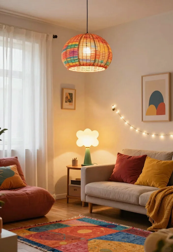 30 Colourful Living Room Decor Ideas for a Fun Modern Space - 4. Whimsical Lighting Fixtures 1