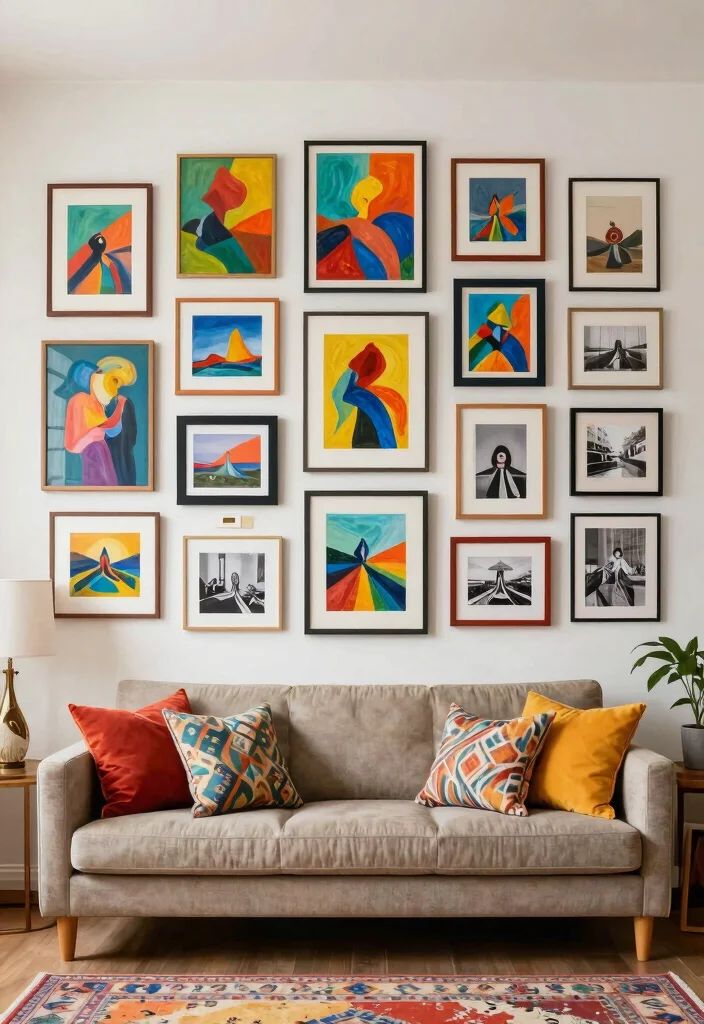 30 Colourful Living Room Decor Ideas for a Fun Modern Space - 5. Eclectic Art Collections 1