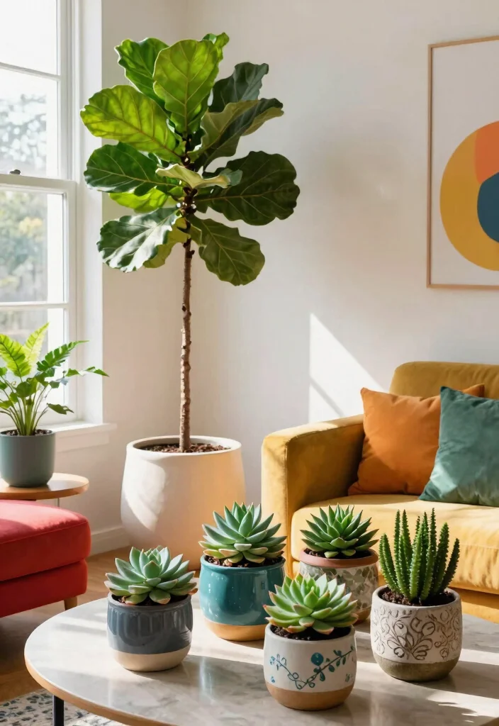 30 Colourful Living Room Decor Ideas for a Fun Modern Space - 7. Potted Plants and Greenery 1