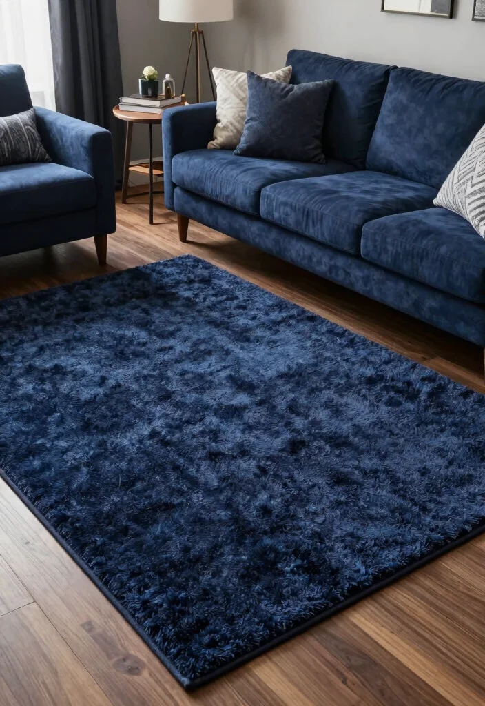 30 Dark Blue Couch Living Room Decor Ideas for a Rich Elegant Look - 10. Use Textured Rugs 1