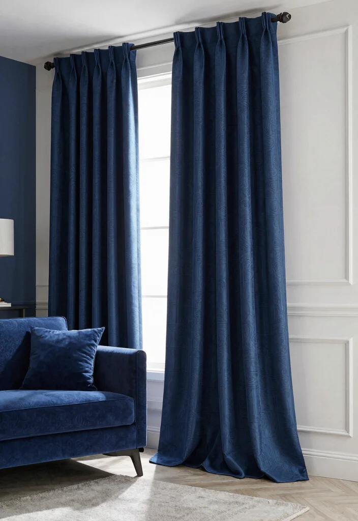 30 Dark Blue Couch Living Room Decor Ideas for a Rich Elegant Look - 11. Go for Statement Curtains 1
