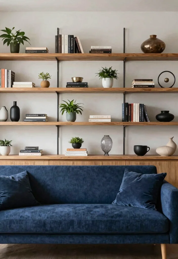 30 Dark Blue Couch Living Room Decor Ideas for a Rich Elegant Look - 12. Utilize Wall Shelves 1