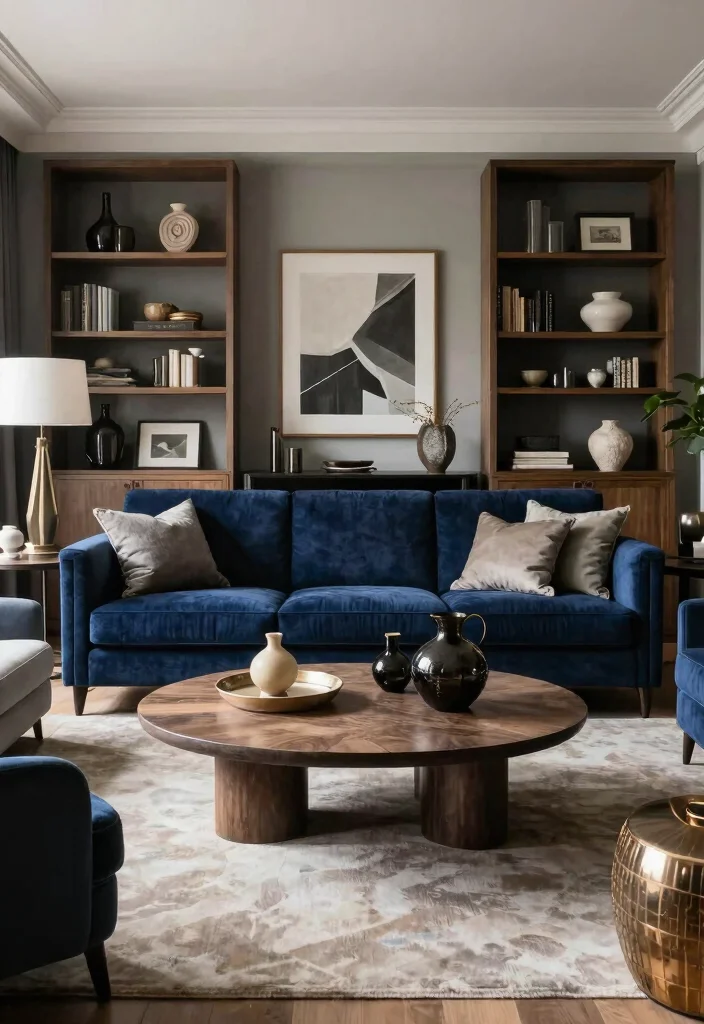 30 Dark Blue Couch Living Room Decor Ideas for a Rich Elegant Look - 13. Play with Scale 1