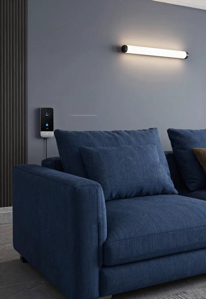 30 Dark Blue Couch Living Room Decor Ideas for a Rich Elegant Look - 14. Integrate Smart Technology 1