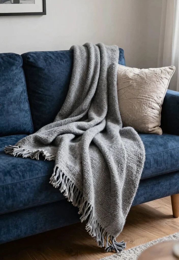 30 Dark Blue Couch Living Room Decor Ideas for a Rich Elegant Look - 16. Add Layers with Throws 1