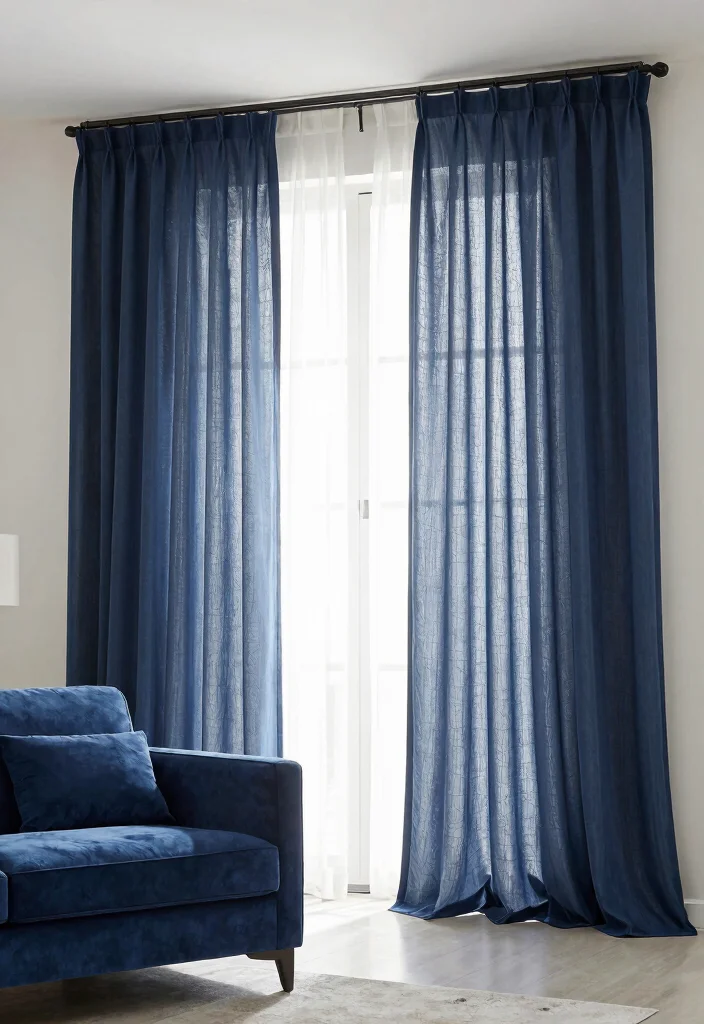 30 Dark Blue Couch Living Room Decor Ideas for a Rich Elegant Look - 18. Use Curtains to Frame the View 1