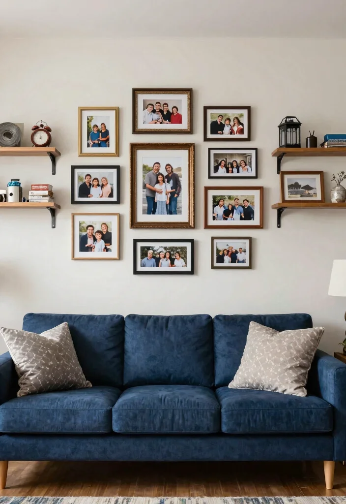 30 Dark Blue Couch Living Room Decor Ideas for a Rich Elegant Look - 19. Personalize with Family Photos 1