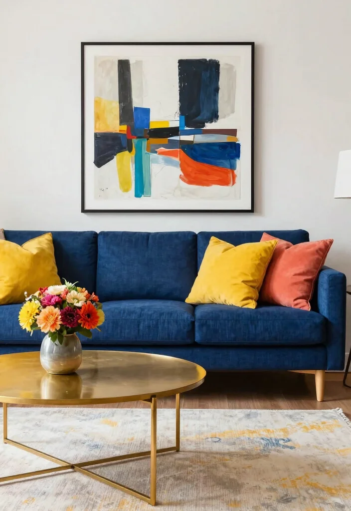 30 Dark Blue Couch Living Room Decor Ideas for a Rich Elegant Look - 2. Embrace Bold Accents 1