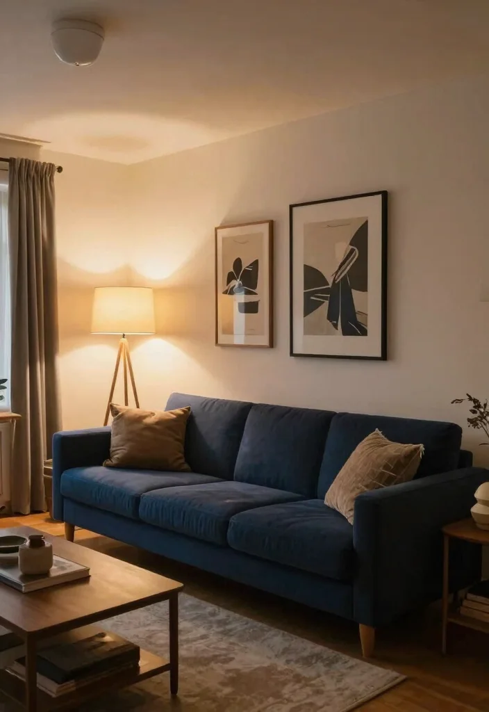 30 Dark Blue Couch Living Room Decor Ideas for a Rich Elegant Look - 20. Layer Lighting for Ambiance 1