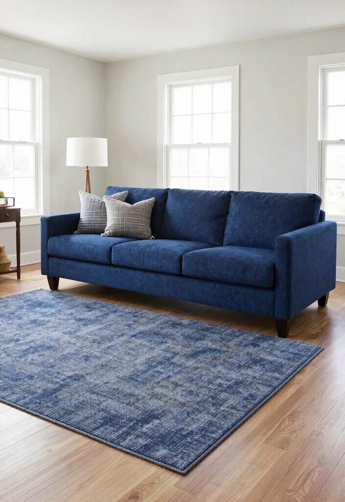 30 Dark Blue Couch Living Room Decor Ideas for a Rich Elegant Look - 22. Create Zones with Area Rugs 1