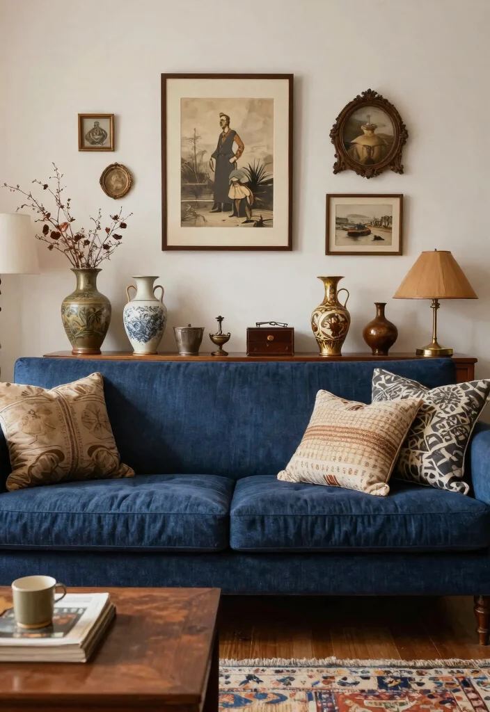30 Dark Blue Couch Living Room Decor Ideas for a Rich Elegant Look - 25. Incorporate Vintage Finds 1
