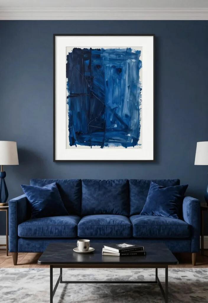 30 Dark Blue Couch Living Room Decor Ideas for a Rich Elegant Look - 26. Find a Focal Point 1