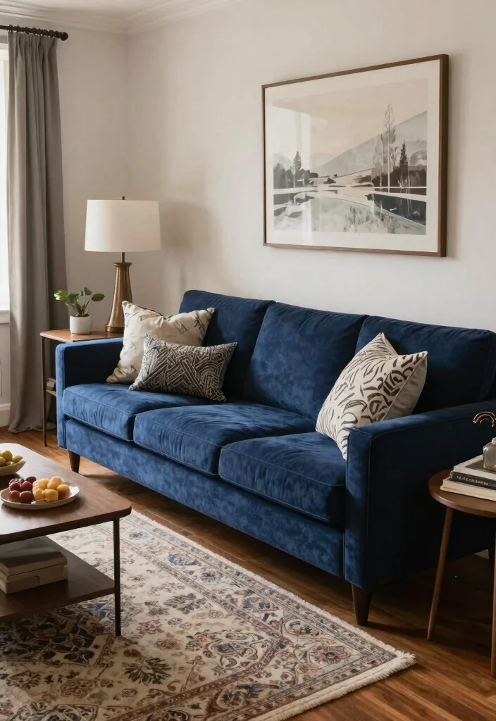 30 Dark Blue Couch Living Room Decor Ideas for a Rich Elegant Look - 27. Mix Modern and Traditional Elements 1