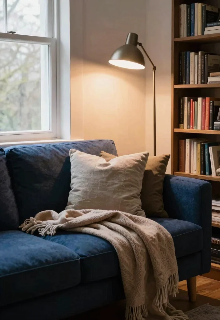 30 Dark Blue Couch Living Room Decor Ideas for a Rich Elegant Look - 28. Curate a Reading Nook 1