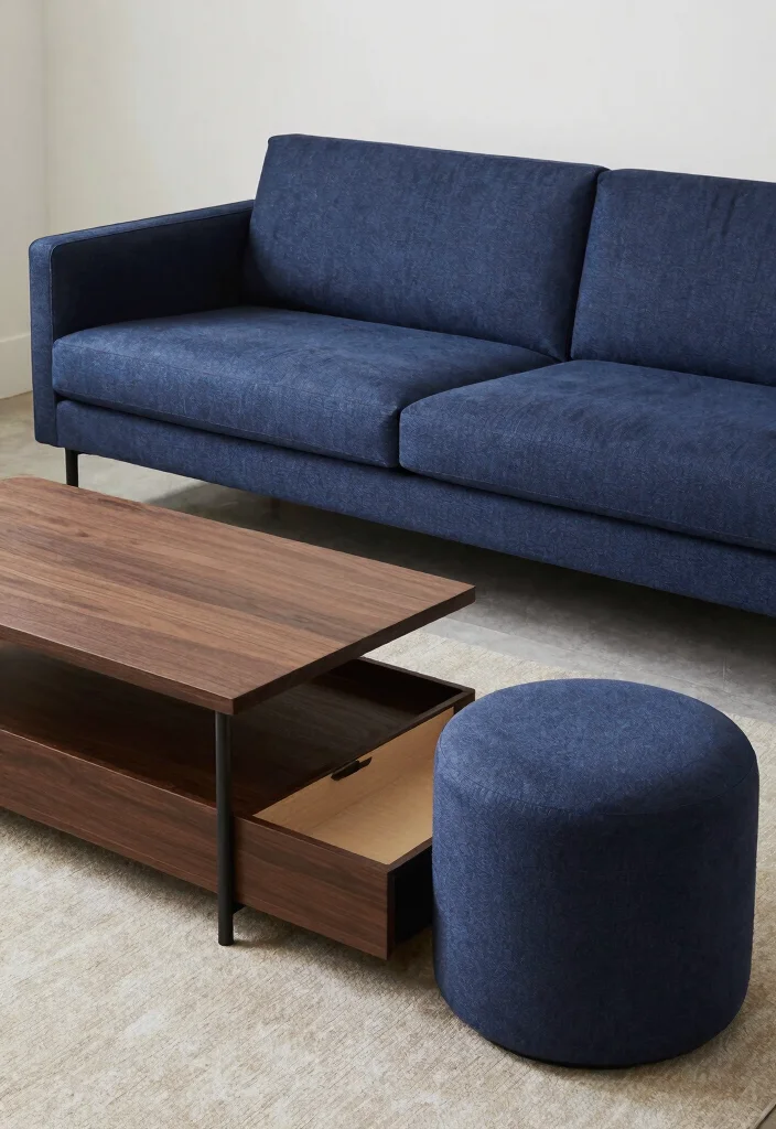 30 Dark Blue Couch Living Room Decor Ideas for a Rich Elegant Look - 29. Optimize Space with Multi-Functional Furniture 1