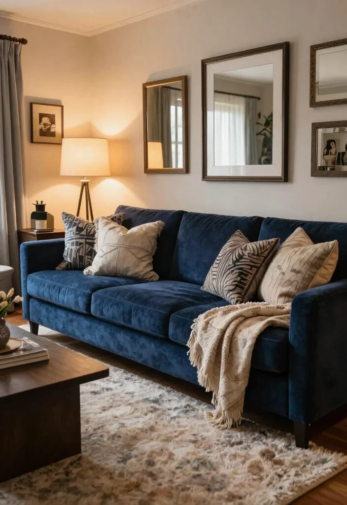 30 Dark Blue Couch Living Room Decor Ideas for a Rich Elegant Look - 3. Create a Layered Look 1