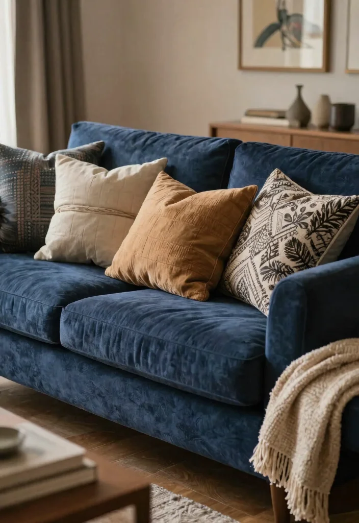 30 Dark Blue Couch Living Room Decor Ideas for a Rich Elegant Look - 30. Create a Cozy Atmosphere with Warm Textiles 1
