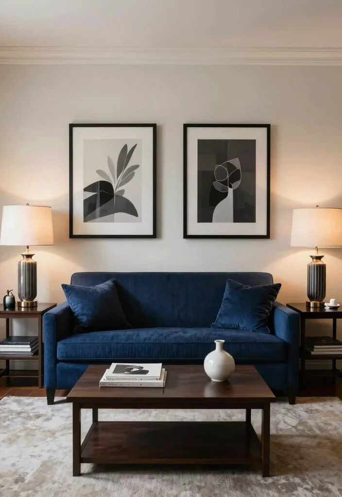 30 Dark Blue Couch Living Room Decor Ideas for a Rich Elegant Look - 5. Emphasize Symmetry 1