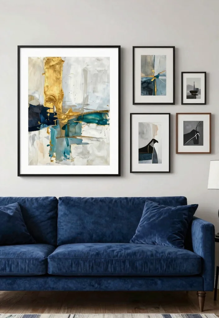 30 Dark Blue Couch Living Room Decor Ideas for a Rich Elegant Look - 6. Choose Artwork Wisely 1