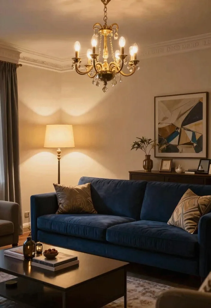 30 Dark Blue Couch Living Room Decor Ideas for a Rich Elegant Look - 7. Consider Unique Lighting 1