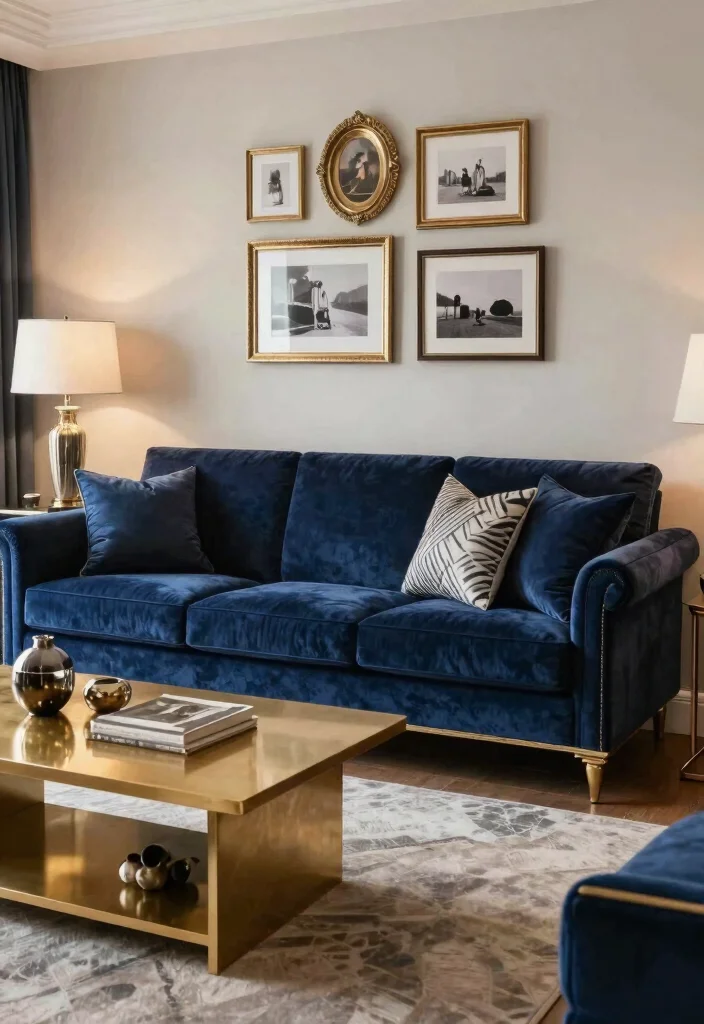 30 Dark Blue Couch Living Room Decor Ideas for a Rich Elegant Look - 8. Accessorize with Metallics 1