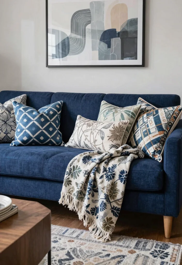 30 Dark Blue Couch Living Room Decor Ideas for a Rich Elegant Look - 9. Mix and Match Patterns 1