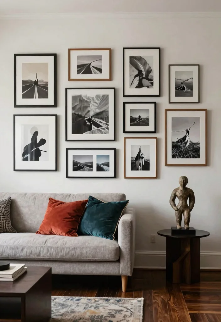 30 Dark Wood Floors Living Room Decor Ideas for a Warm Stylish Home - 10. Artful Displays 1