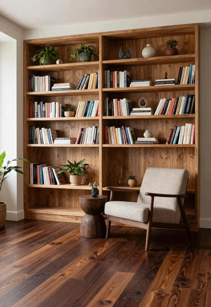 30 Dark Wood Floors Living Room Decor Ideas for a Warm Stylish Home - 12. Open Shelving 1