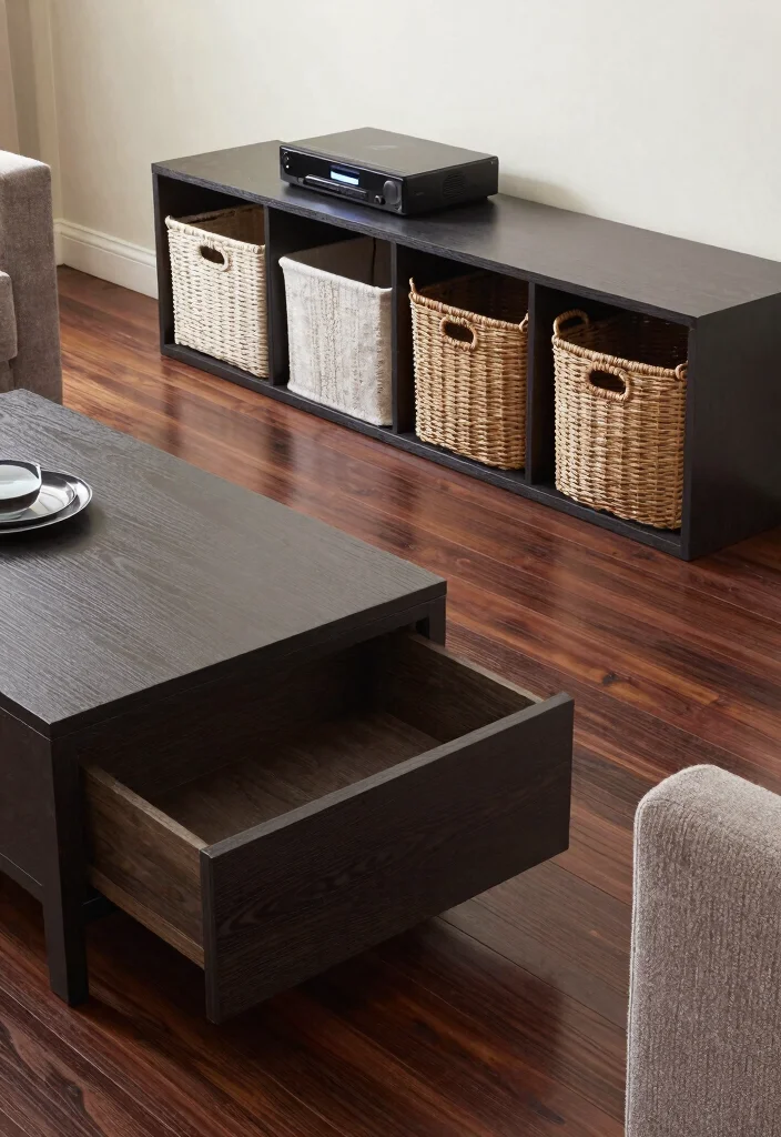 30 Dark Wood Floors Living Room Decor Ideas for a Warm Stylish Home - 15. Smart Storage Solutions 1