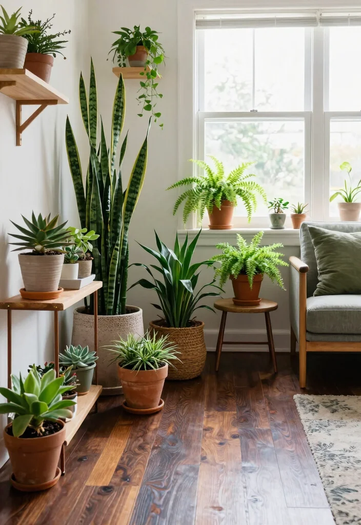 30 Dark Wood Floors Living Room Decor Ideas for a Warm Stylish Home - 16. Indoor Plants 1