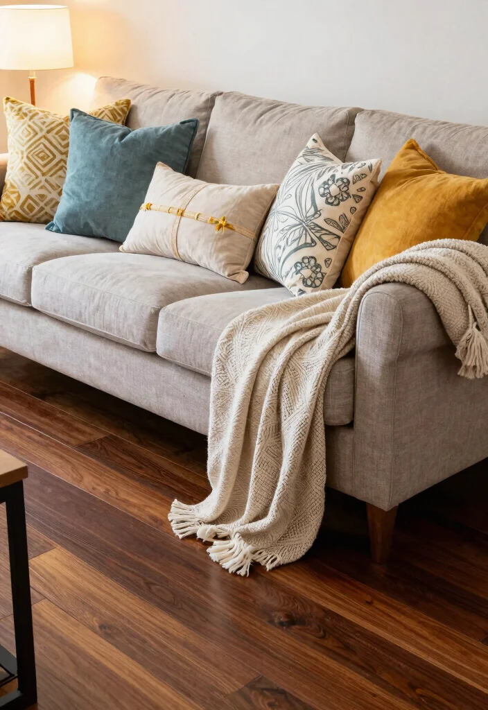 30 Dark Wood Floors Living Room Decor Ideas for a Warm Stylish Home - 17. Decorative Pillows 1