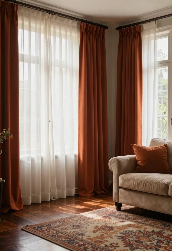 30 Dark Wood Floors Living Room Decor Ideas for a Warm Stylish Home - 22. Layered Window Treatments 1