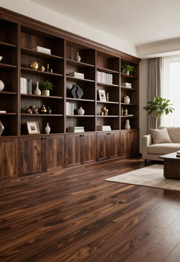 30 Dark Wood Floors Living Room Decor Ideas for a Warm Stylish Home - 24. Chic Built-ins 1