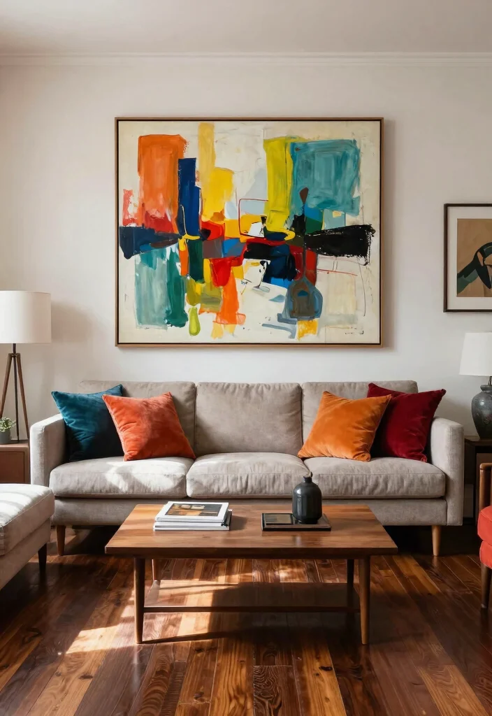 30 Dark Wood Floors Living Room Decor Ideas for a Warm Stylish Home - 26. Bold Artwork 1