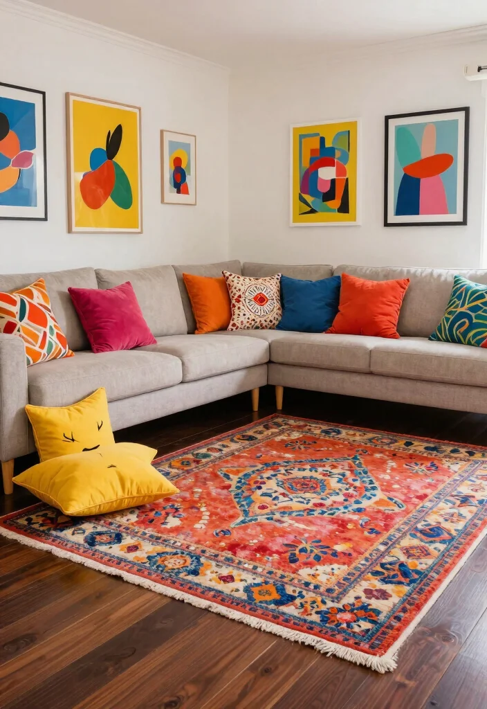 30 Dark Wood Floors Living Room Decor Ideas for a Warm Stylish Home - 29. Colorful Accents 1