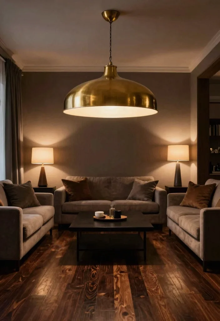 30 Dark Wood Floors Living Room Decor Ideas for a Warm Stylish Home - 5. Statement Lighting 1