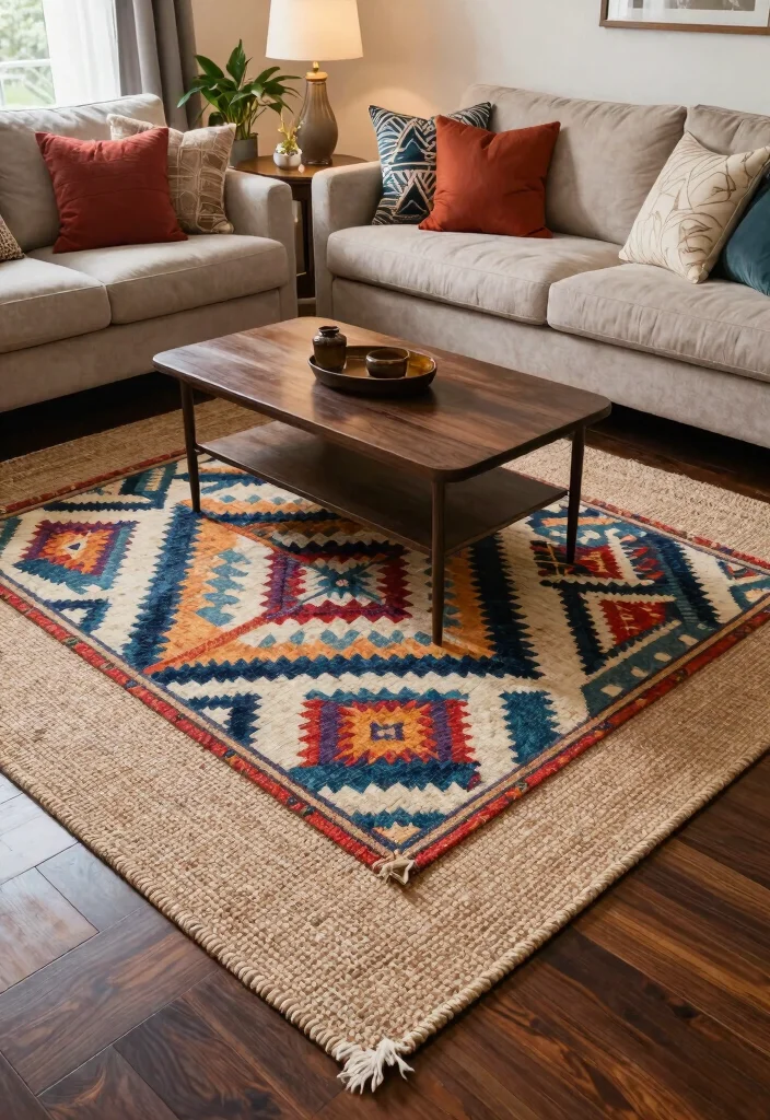 30 Dark Wood Floors Living Room Decor Ideas for a Warm Stylish Home - 6. Layered Rugs 1