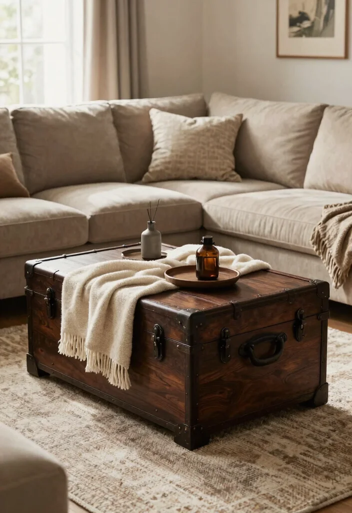 30 Dark Wood Living Room Decor Ideas for a Warm Elegant Home - 14. Dark Wood Trunks as Coffee Tables 1