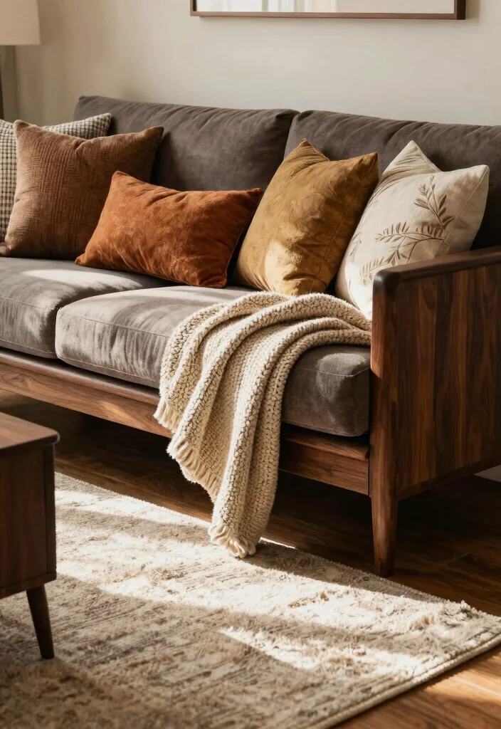 30 Dark Wood Living Room Decor Ideas for a Warm Elegant Home - 15. Layered Textiles with Dark Wood 1