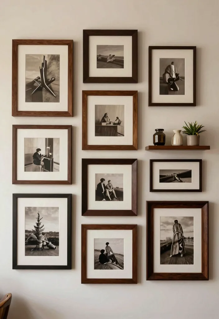 30 Dark Wood Living Room Decor Ideas for a Warm Elegant Home - 17. Dark Wood Accents in Gallery Walls 1