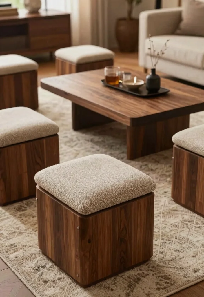 30 Dark Wood Living Room Decor Ideas for a Warm Elegant Home - 19. Dark Wood Coffee Stools 1