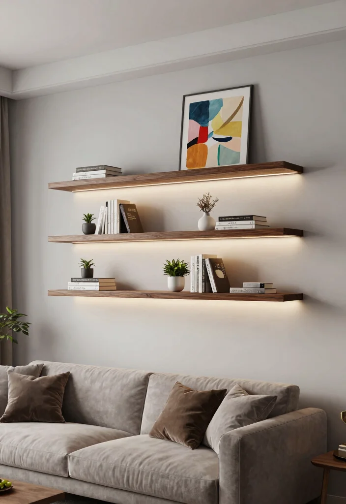 30 Dark Wood Living Room Decor Ideas for a Warm Elegant Home - 2. Floating Dark Wood Shelves 1