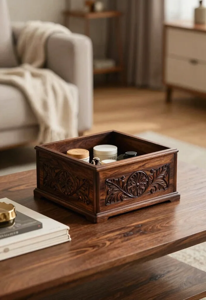 30 Dark Wood Living Room Decor Ideas for a Warm Elegant Home - 20. Dark Wood Decorative Boxes 1